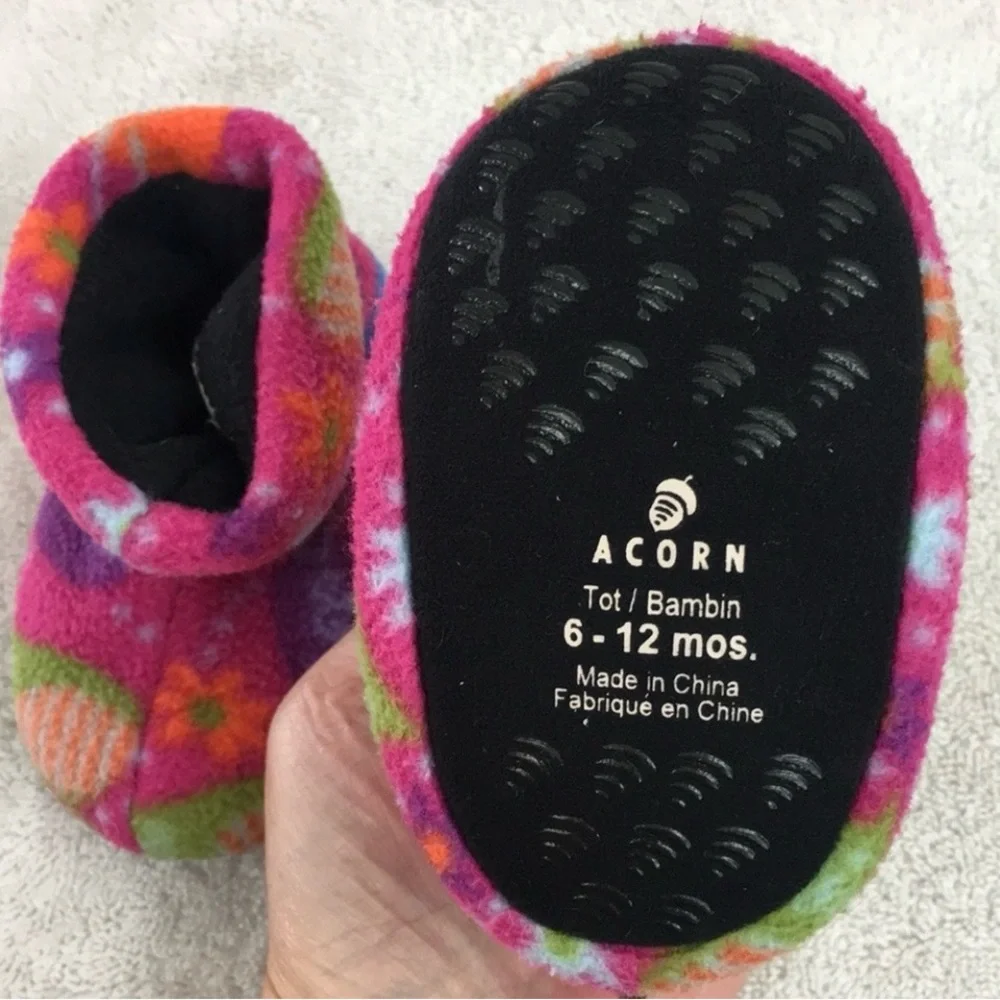 3/$25 Acorn Pink Abstract Floral Fleece Bootie House Slipper Shoe Size 6-12M